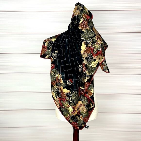 Boston Museum of Fine Arts Silk Scarf Black with Colorful Fall Leaves Print - Picture 2 of 13